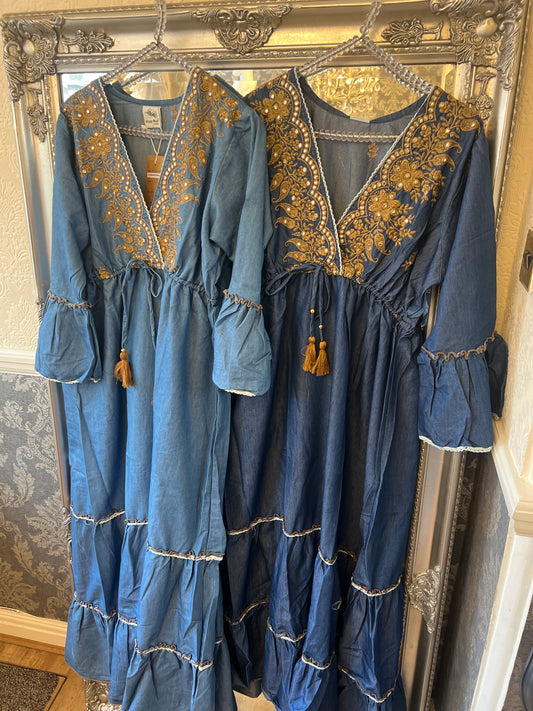 Denim gold embellishment tassel dress