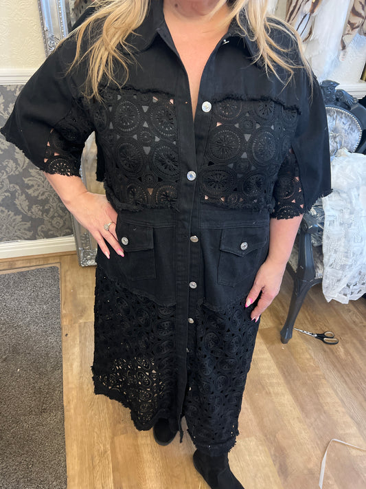 Long lace denim dress