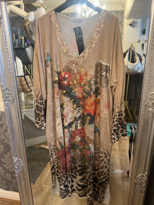 Sequin v neck chrom leopard dress