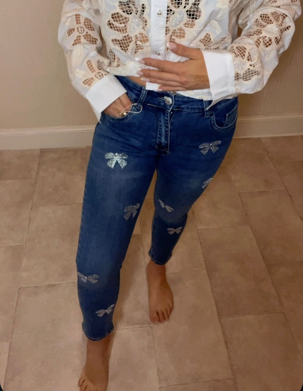 Diamante bow jeans