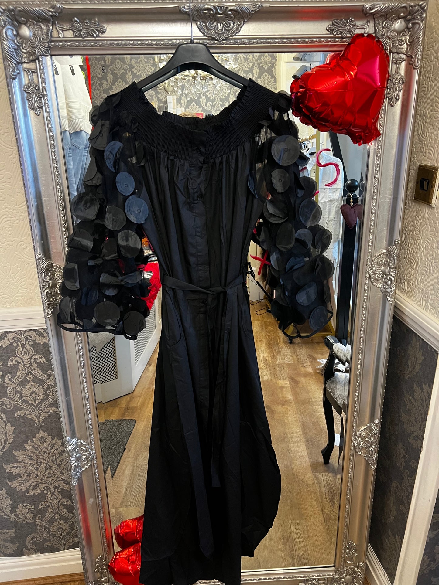 Disk off the shoulder belted black dress