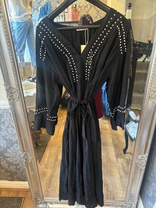 Pearl lace tie up dress