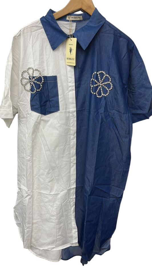 Diamonte flower blue/white shirt